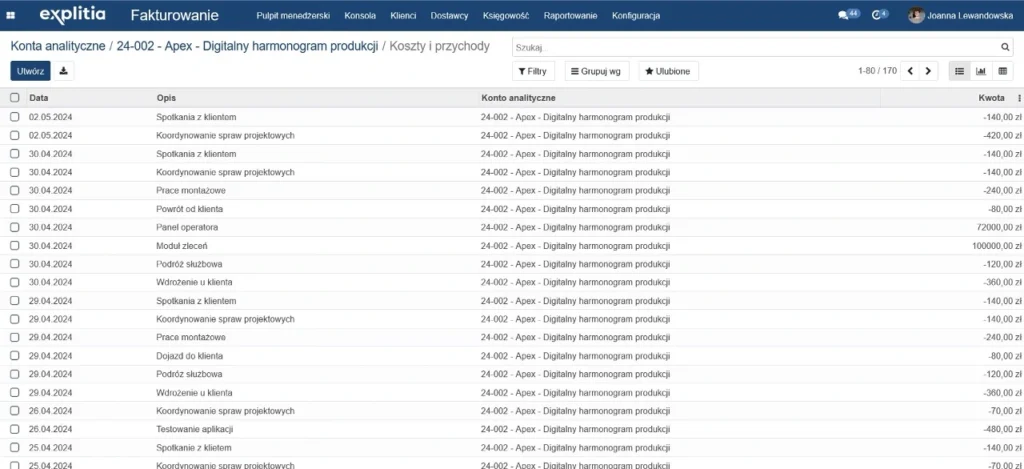explitia ERP konta analityczne przypisywanie kosztów do projektów